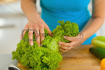 Closeup on young woman cutting fresh salad