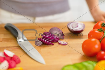 Closeup on onion slices on cutting board