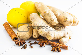 ginger roots with lemons and various spices