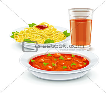 Set meal menu with soup pasta and juice drink
