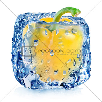 Yellow pepper in ice cube