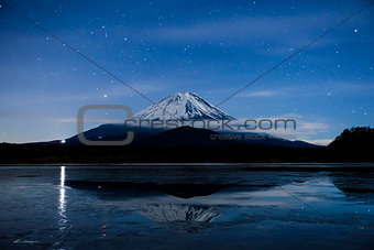 Inverted image of Mt.Fuji on the frozen lake