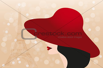 Red hat and black hair girl and Eiffel tower - Stock Illustratio