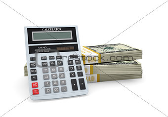 Calculator stand on pack of dollars