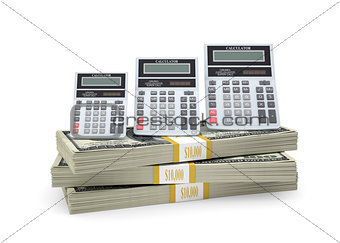 Calculators stand on pack of dollars