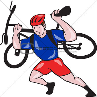 Cyclist Carry Mountain Bike on Shoulders Cartoon