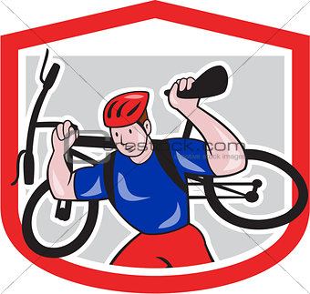 Cyclist Carrying Mountain Bike on Shoulders Cartoon
