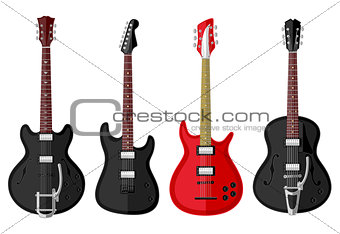 Set of isolated vintage guitars. Flat design