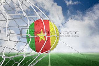Football in cameroon colours at back of net