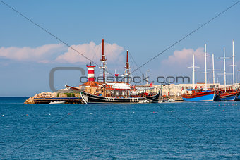 Sailing ships on marina in Kemer, Turkey.