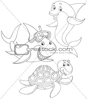 Shark, turtle and dolphin