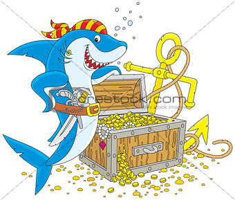 pirate shark with a treasure chest