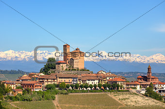 Small town with old castle on the hill in Piedmont, Italy.