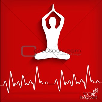 silhouette yoga poses on a red background with cardiogram - vector illustration