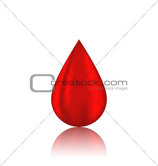 Red blood drop with reflection, isolated on white background