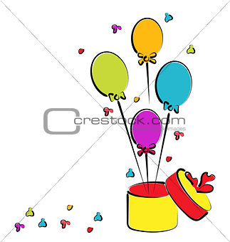 Open gift box with balloons for your birthday, colorful sketch