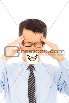 businessman with headache and smile expression on sticker