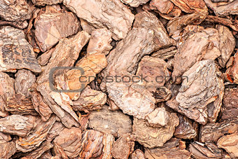 Background of pine bark nuggets layer used for gardening