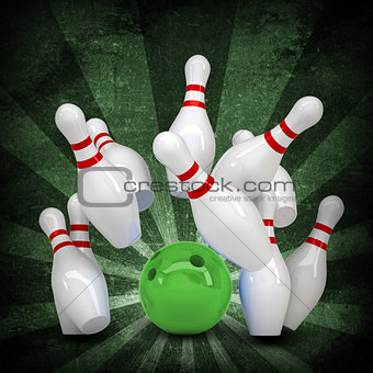 Bowling ball breaks standing pins. Grunge style