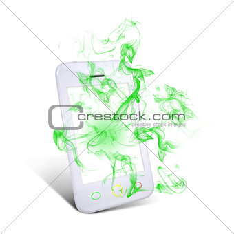 White smart phone emits green smoke