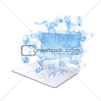 Open white laptop emits blue smoke