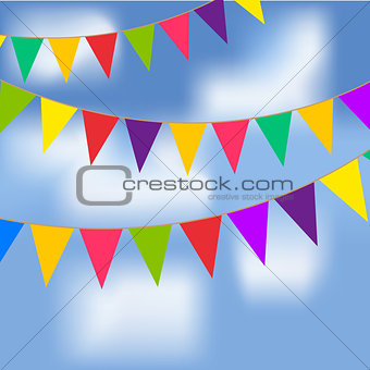 Party flags with blue sky and white clouds. Contains a gradient mesh.