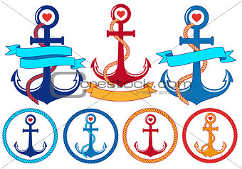 anchors with ribbons and frames, vector set