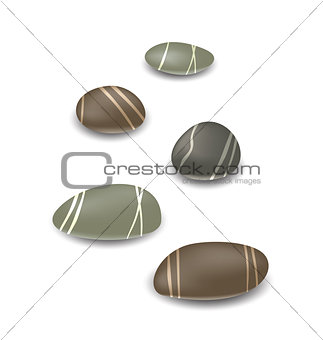 Sea pebbles collection with shadows on white background