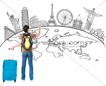 young man  drawing global map and famous landmark 