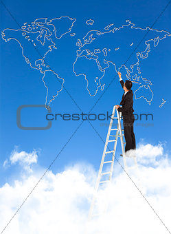 Business man standing a stepladder and drawing  global map