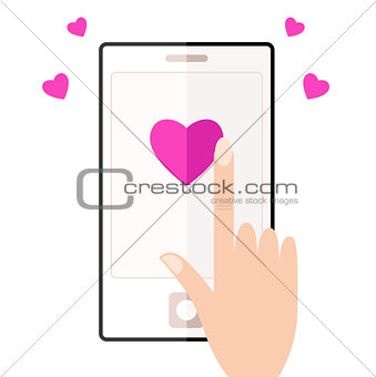 Cell phone with touching hand and hearts