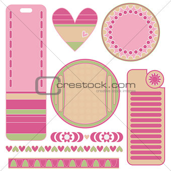 colorful tags, labels, heart and trims