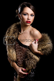 Retro. Gorgeous girl with fur