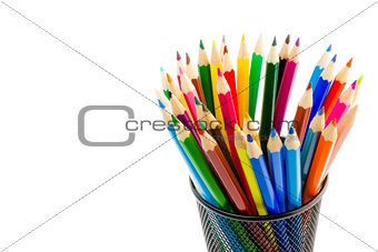  stack of colour pencils inside the container on white background