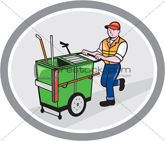 Street Cleaner Pushing Trolley Oval Cartoon