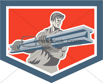 Construction Steel Worker Carrying I-Beam Shield Retro