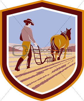 Farmer and Horse Plowing Farm Field Crest Retro