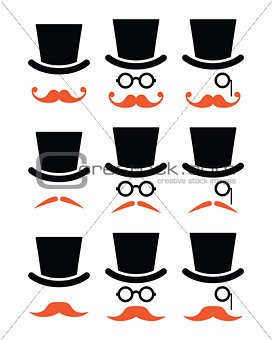 Ginger mustache or moustache with hat and glasses icons set