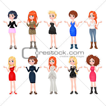 Women with different dresses, clothes and shoes. 