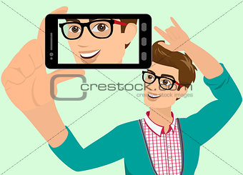 Vector illustration of guy taking a self snapshot.