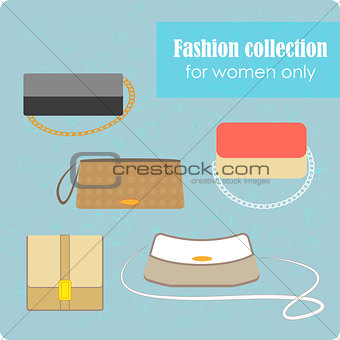 Women's fashion collection of bags on blue background - vector illustration.