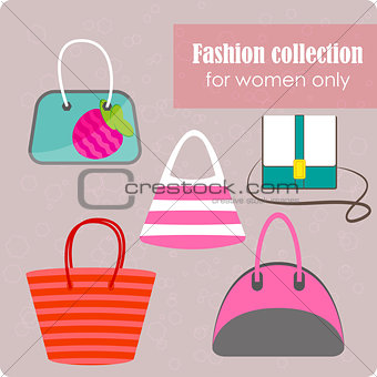 Women's fashion collection of bags on lilac background - vector illustration.