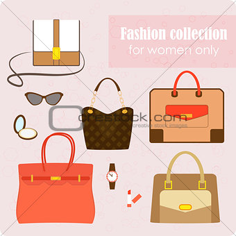 Women's fashion collection of bags and accessories on pink background - vector illustration.