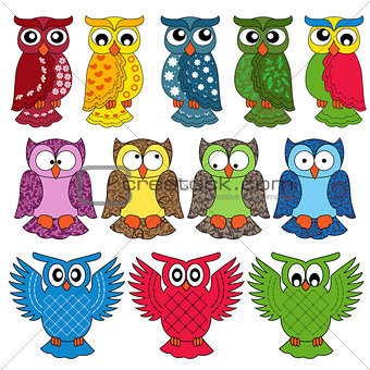 Set of eleven owls