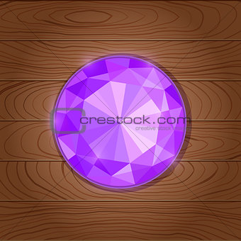 Shiny Purple Gemstone Icon on Wooden Background