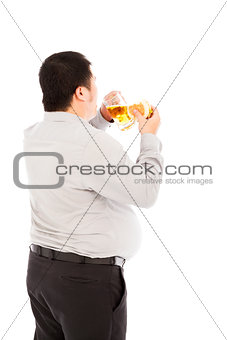 fat business man is overeating. isolated on a white