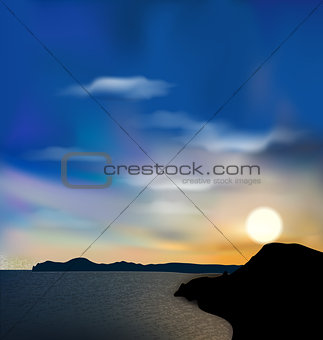 Nature background, sea, mountain, sun, sky during sunrise