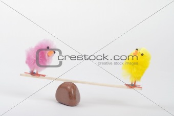 Two small furry chicks on a teeter totter