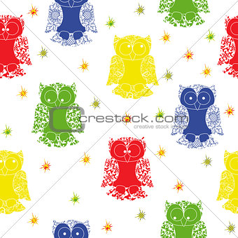 Different colour owl and stars seamless pattern