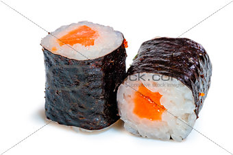 two roll with salmon on white background